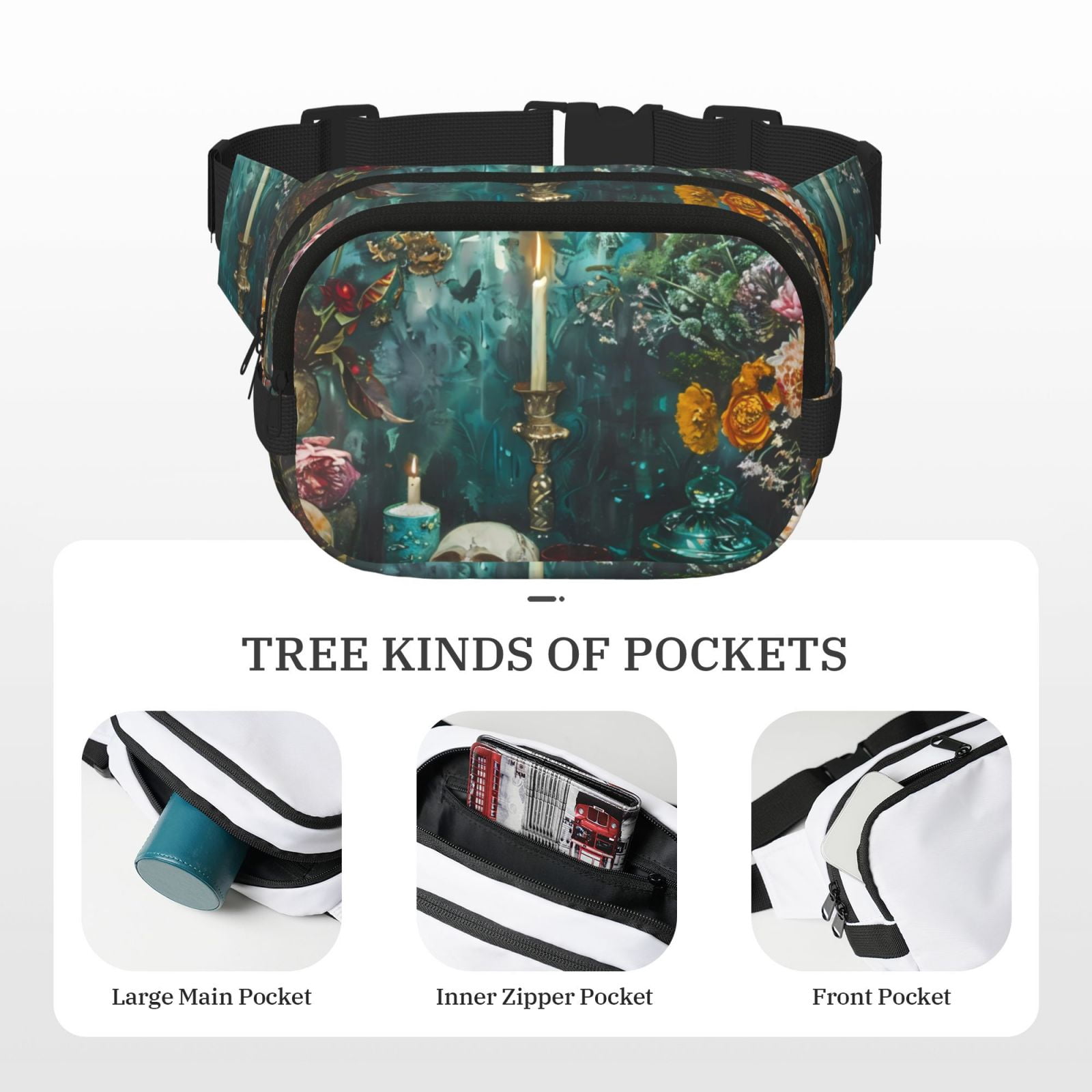 Picia Baroque Floral Still Life Print Square Double-Layer Waist Bag Mini Adjustable Waist Belt Bag Exercise Running Travel Hiking