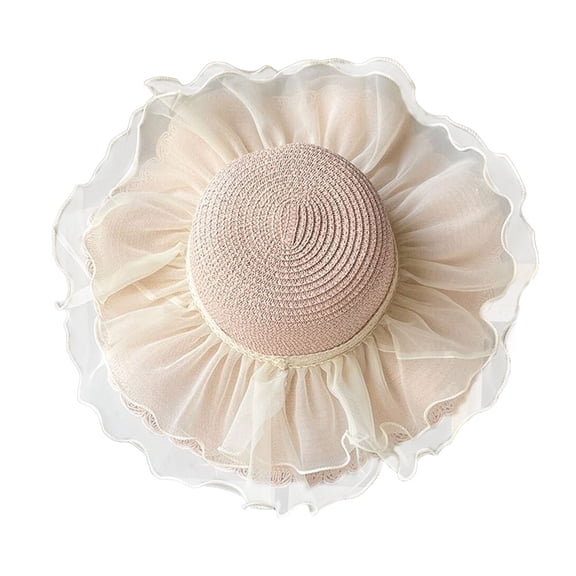 51-52 cm hat circumference children's lace straw hat summer hat wave edge big brim sunscreen hat outdoor seaside beach hat - Flesh pink