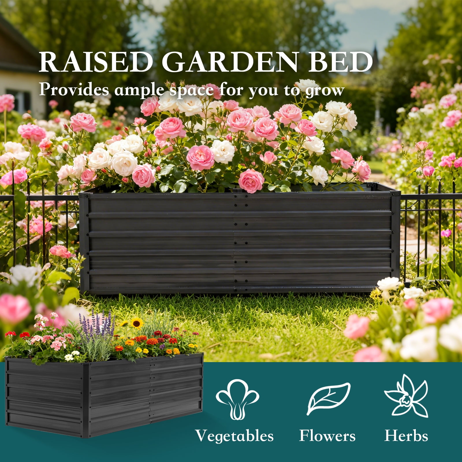 EDX Outdoor Metal Raised Garden Bed 6x3x2FT, Steel with Support Bars, Rust-Resistant Coating, Open Base for Drainage, Gray