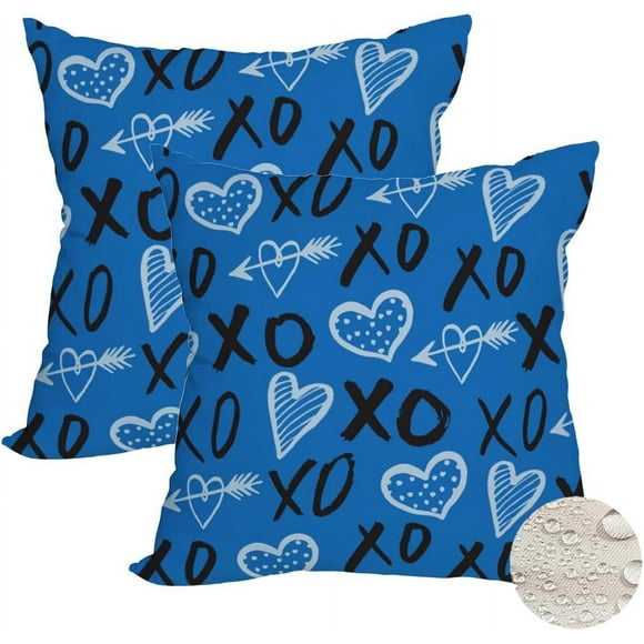 2 Pack Waterproof Outdoor Valentines Day XO Pillow Covers 16x16 Inch Blue Love Heart Arrows Holiday Throw Pillow Cases Romantic Valentine Farmhouse Decorations Cushion Cover Double Sided