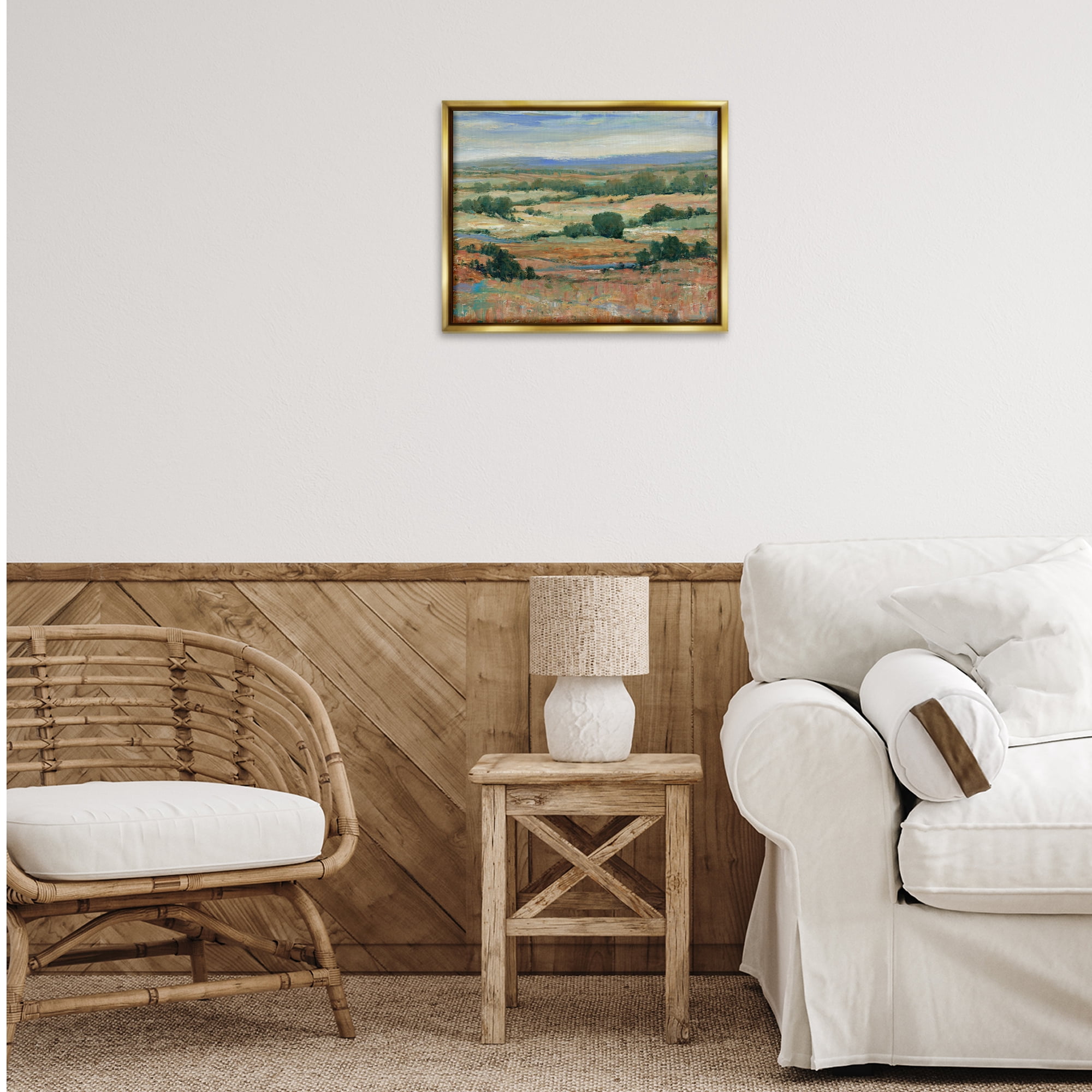 Stupell Industries Traditional Farmland Landscape Landscape & Nature Painting Gold Floater Framed Canvas Art Print Wall Art, 21 x 17