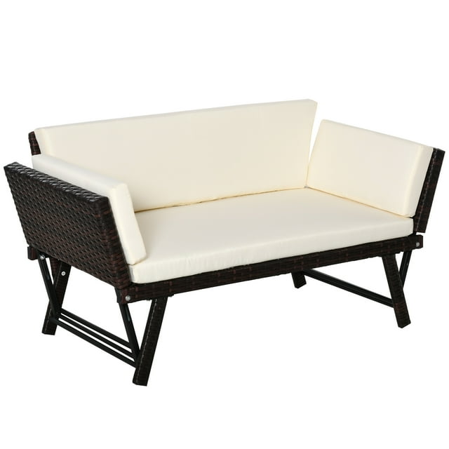Outsunny Mobilier de Patio en Osier avec Coussin, Mobilier d'Extérieur en Rotin PE Canapé-Lit Convertible avec Fauteuil Réglable, Causeuse Chaise Longue, pour Terrasse, Cour Arrière, Brun