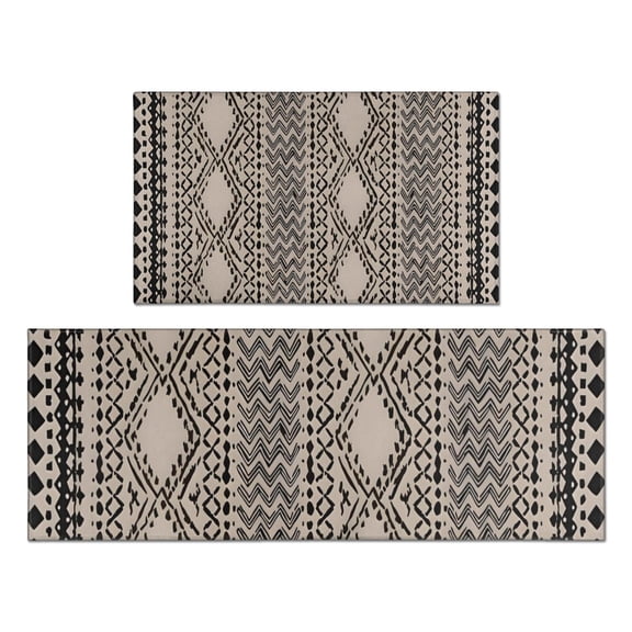 Boho Black and White Ethnic Pattern Kitchen Rugs Sets Of 2,Anti Fatigue Kitchen Mat Rugs Non Slip Washable,Decorative Kitchen Floor Mats for Kitchen,Sink,Laundry,17"x30" 17"x47"