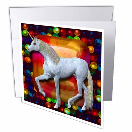 Pretty Gems 3dRose White Unicorn with flowers in her mane pretty jewel and colorful bubbles background, Greeting Cards, 6 x 6 inches, set of 6 ()