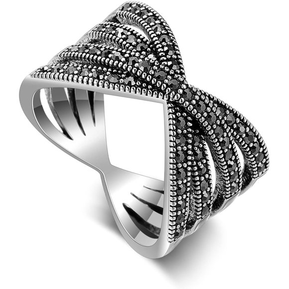 czcpp-Retro Vintage Cocktail Rings for Women,Medieval Silver Chunky Cocktail Ring Black Marcasite Crystal Rings Antique Silver Big Stone Ring