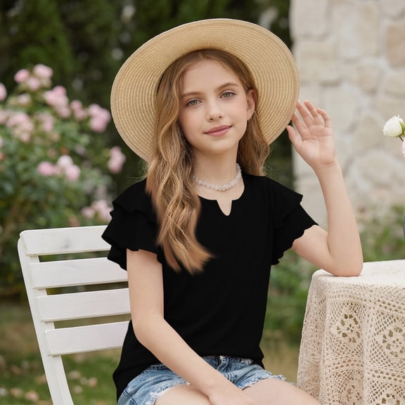 CCRFTGI Shirts for Kids Girls Size 7 Ruffle Short Sleeve Casual Loose T-Shirts Cute Little V Neck Summer Tops Classic Tees Gifts for Girls Black 5-6 Years