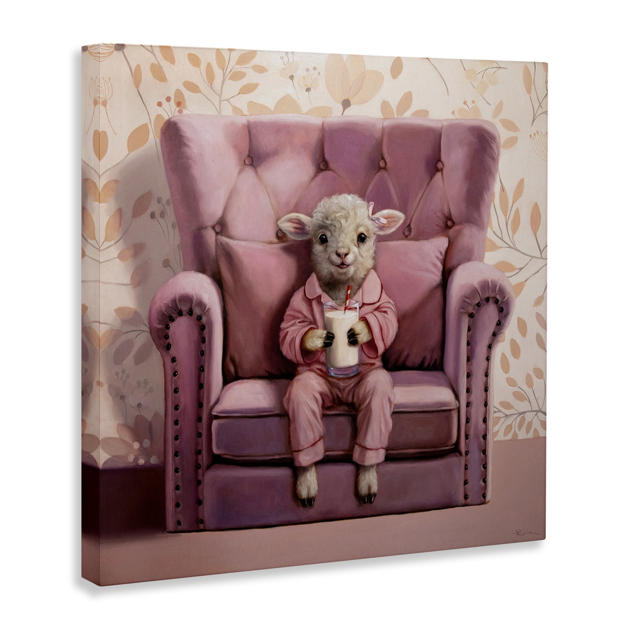 Stupell Industries Baby Cow in Pink Chair Animals & Insects Painting Gallery Wrapped Canvas Art Print Wall Art, 36 x 36