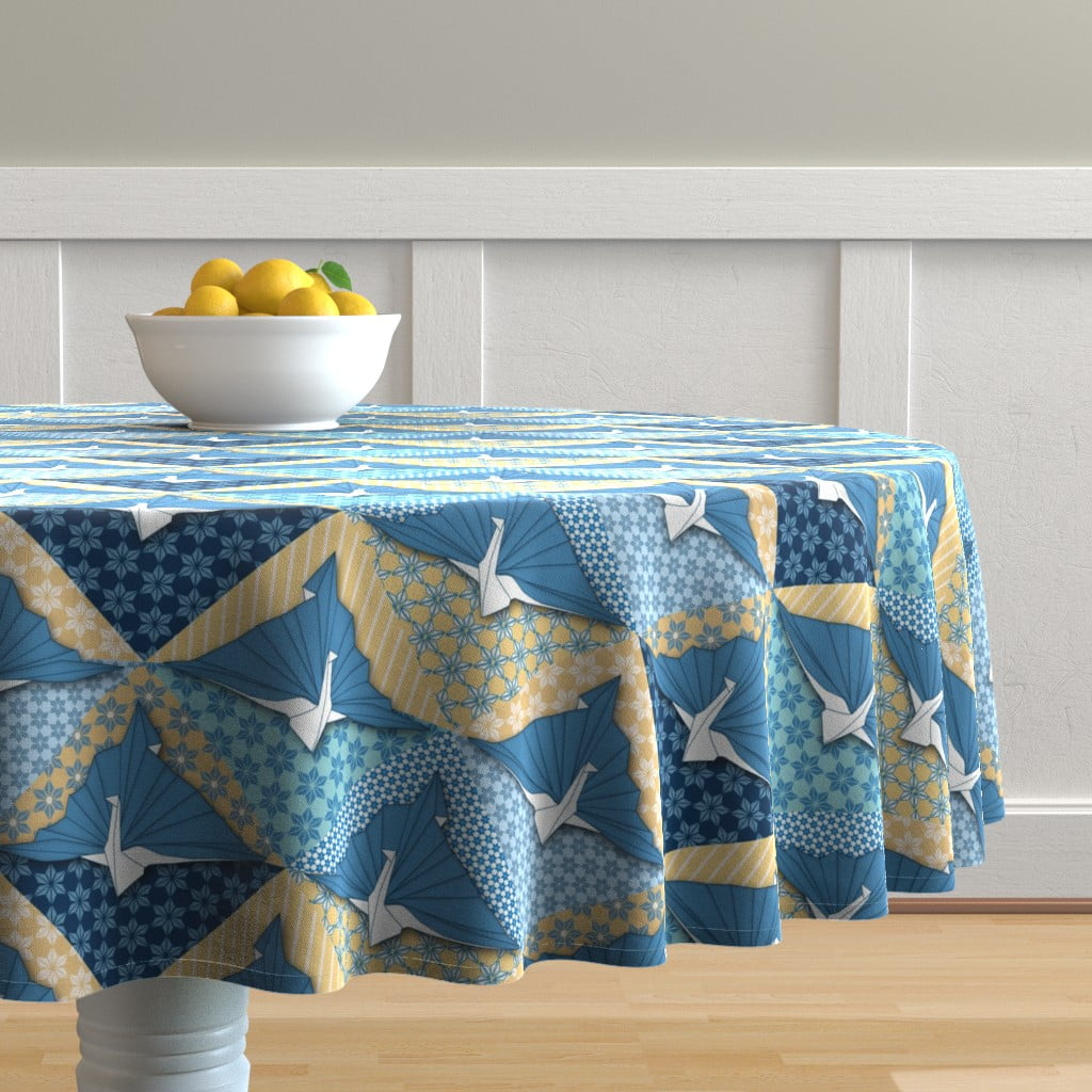 Round Tablecloth Sashiko Origami Crane Japanese Art Blue Birds Cotton Sateen 
