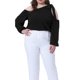 thumbnail image 1 of Blusas de manga larga con hombros descubiertos y lazo para mujeres de tallas grandes GRACE & GRANDEUR, camiseta casual 4X negra, 1 of 6