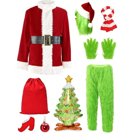 Alaiyaky Green Monster Costumes Adult, 11PCS Christmas Furry Santa Suit for Men Halloween Xmas Cosplay Outfit Mask Hat