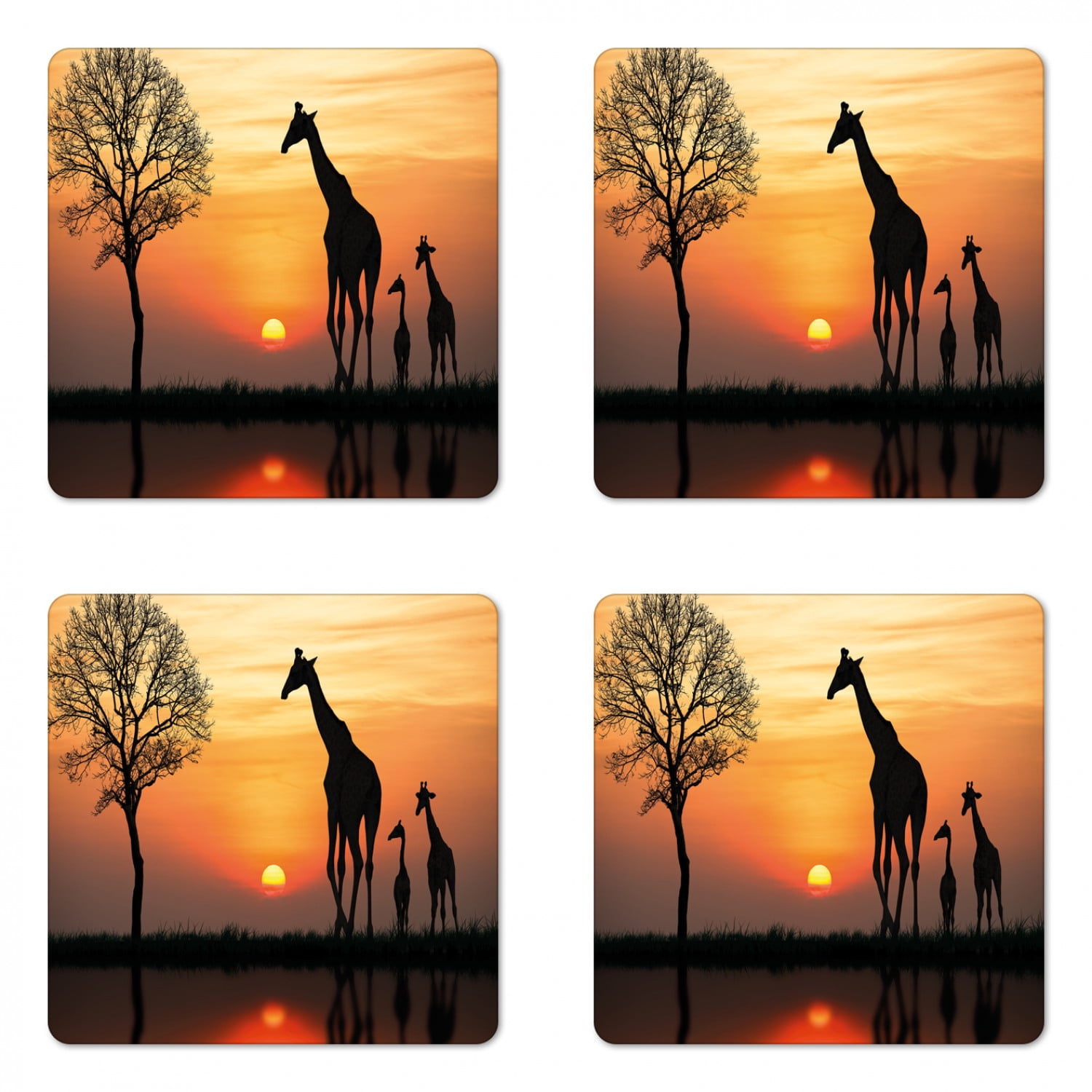 Africa Coaster Set of 4, Giraffes on Bushes by the Lake Surface Horizon in the Middle of Nowhere Image, Square Hardboard Gloss Coasters, Standard Size, Orange Black, by Ambesonne
