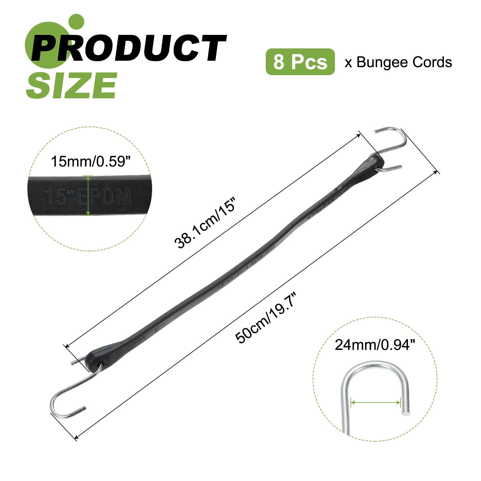 8Pack 15" Bungee Cords with Hooks for Securing Tarps Cargo Trucks Canvases, Black