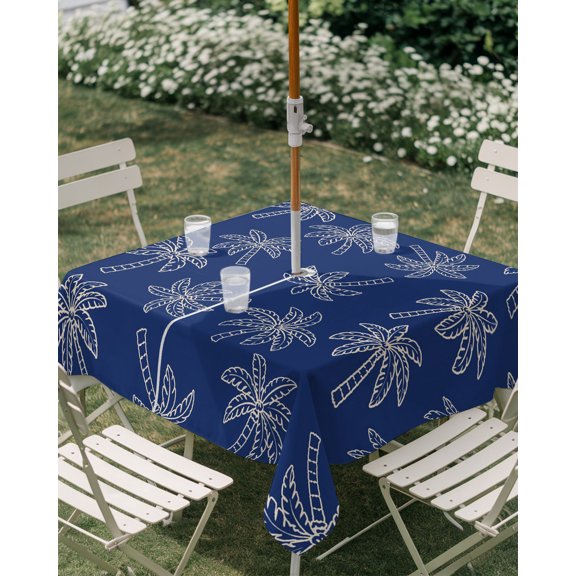 Outdoor Tablecloth with Umbrella Hole, Summer Tropical Palm Trees Zippered Table Cloth for Rectangle Tables, Blue Background Washable Waterproof Tablecloths for Picnic Patio Garden