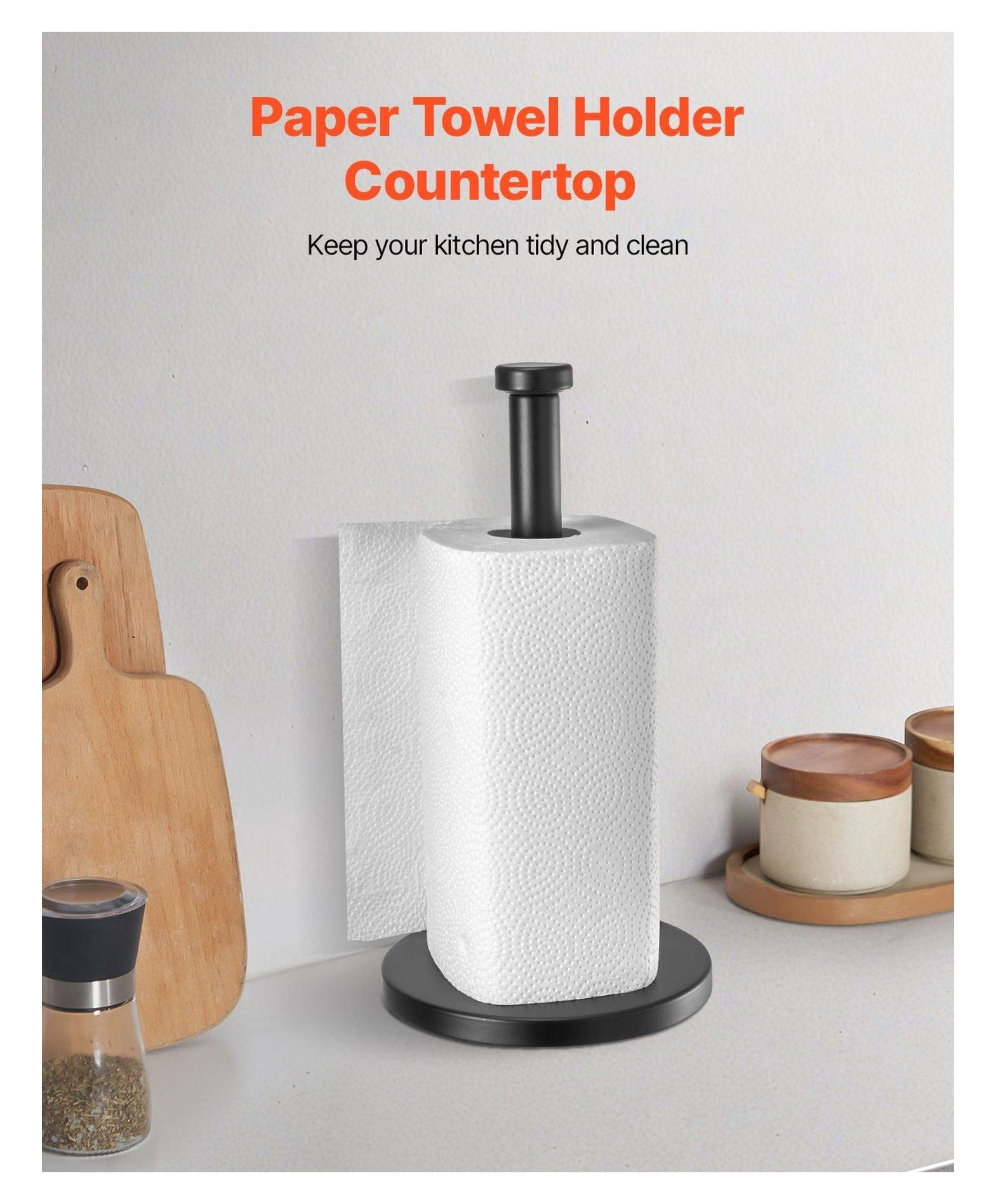 Paper Towel Holder Countertop, Stainless Steel Paper Towel Stand for Kitchen - Black, Weighted Non-Slip Base, Easy Tear, Fits Mega Rolls