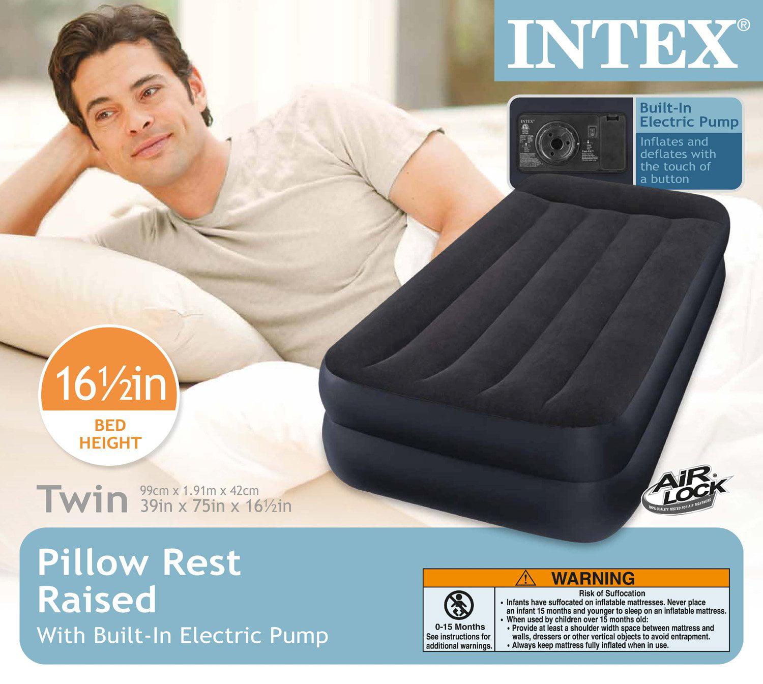 Intex Twin 16 5 Raised Pillow Rest, Intex Twin Pillow Rest Classic Bed With Electric Pump