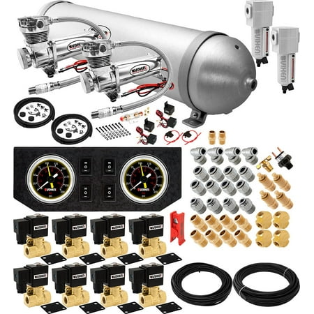 Vixen Air 5 Gallon (18 Liter) Aluminum Tank with Dual 200 PSI Chrome Compressor, Valves, Gauges, Watertraps, Fittings and Hoses Suspension Onboard System/Kit