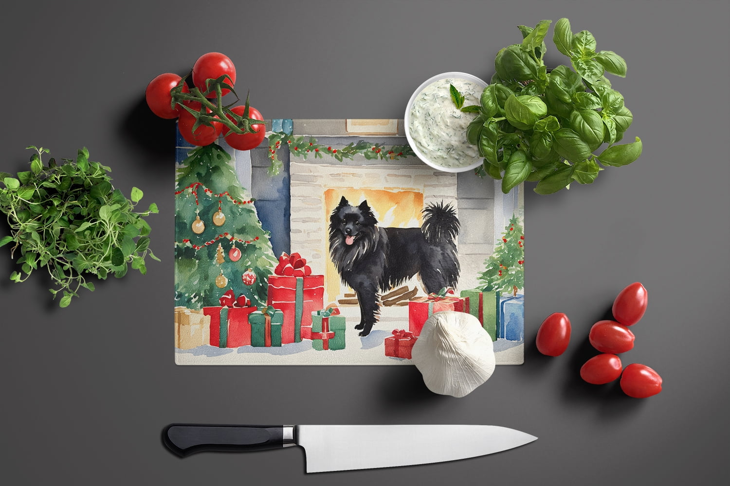 German Spitz Cozy Christmas Glass Cutting Board Large 12 in x 15 in