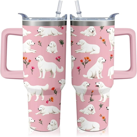 40oz Pomeranian Dog Tumbler with Handle and Straw, Insulated Stainless Steel Travel Mug, Cute Puppy Design Water Bottle, Gift for Animal Lovers, Women & Men
