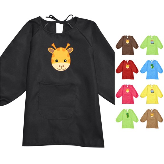 VNKIDY Kids Round Neck Raglan Long Sleeve Cartoon Giraffe Print Pocket Tie Back Waterproof Painting Apron Tops For Toddler Children Casual Top 2-4 Years