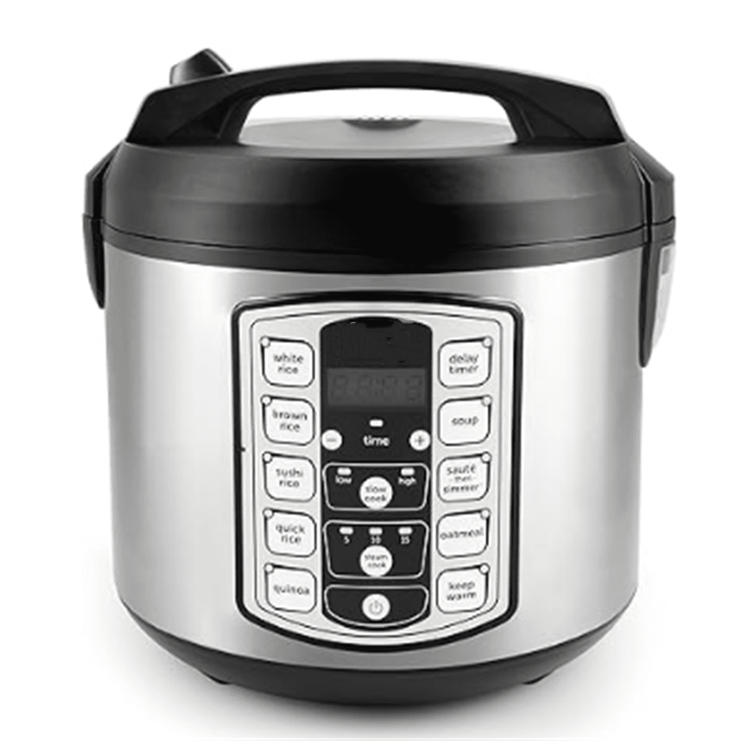 Housewares Professional  20 Cup (Cooked) Digital Rice Cooker, Food Steamer, Slow Cooker, Stainless Exterior/Nonstick Pot, Silver, Black, 10-cup uncooked/20-cup cooked/4QT