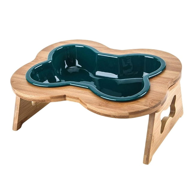 DOLITY Bone Shape Pets Dogs Bowls Wooden Rack for Medium Dog and Large Cat Pet Supplies Greenish