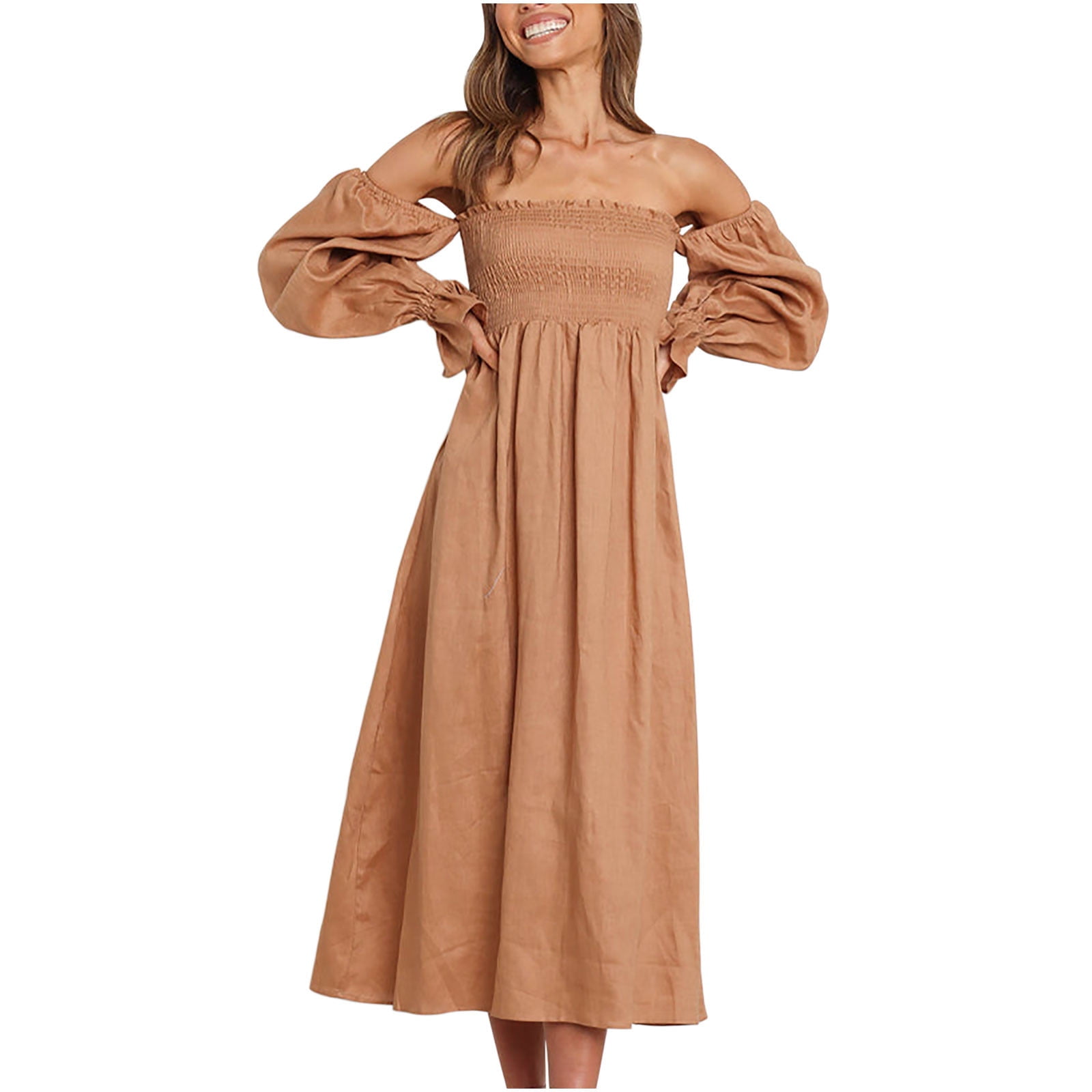 Womens Dresses Summer Long Puff Sleeve Square Neck Dress Smocked A Line