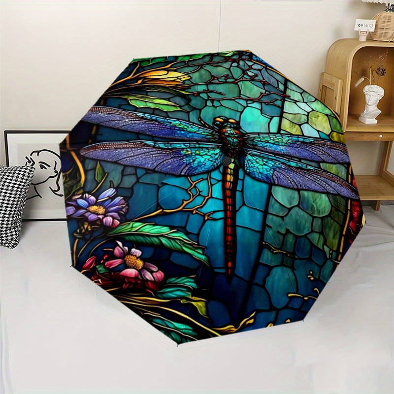 1 Dragonfly Colored Glass Pattern Umbrella - 8 Spokes, Automatic Open/Close, Windproof Portable Folding Sunshade with Vibrant Blue and Purple Dragonfly Design, D