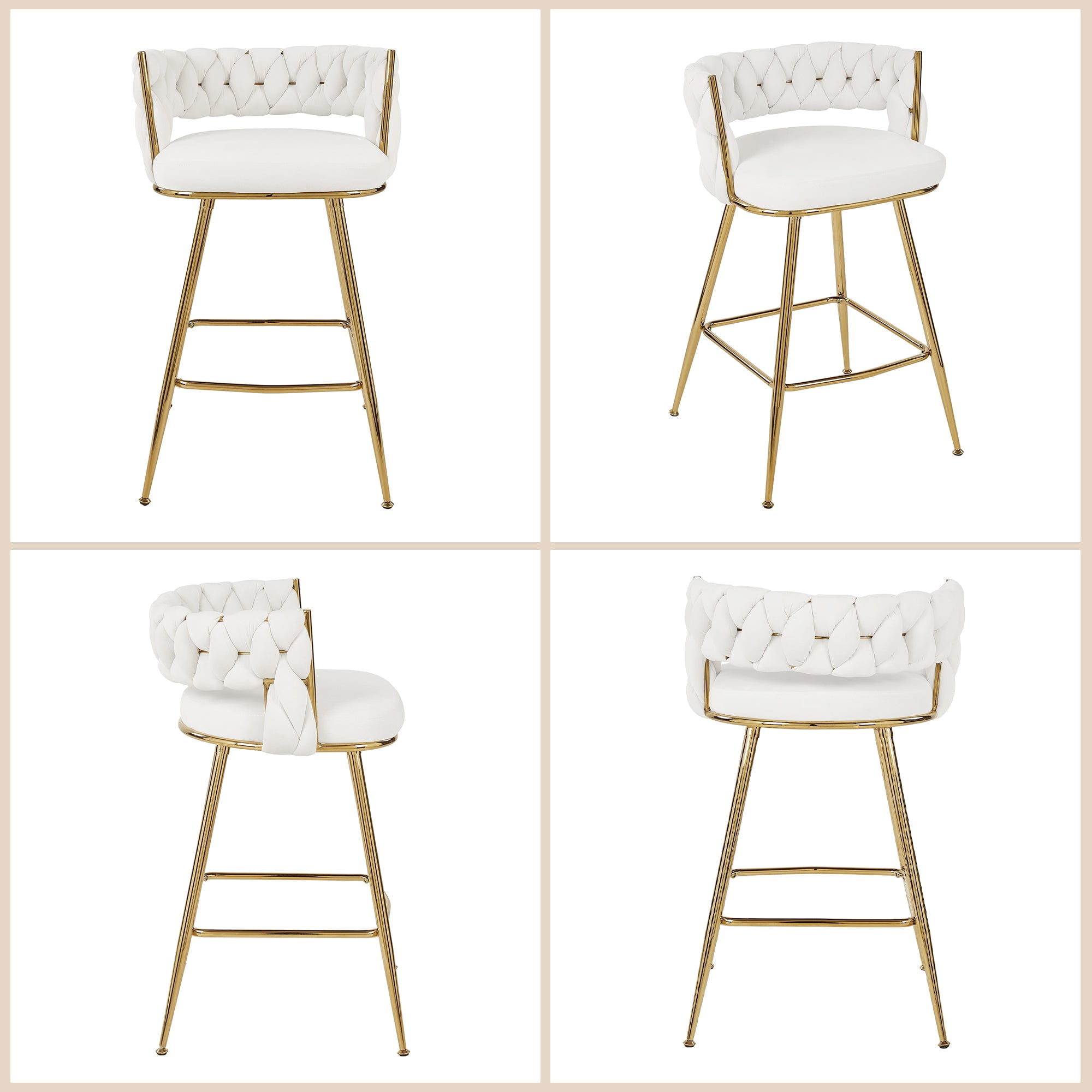 VECELO Modern Braided Bar Stools Set of 4 – Velvet Counter Height Stools with Woven Back Support & Footrest, Heavy-Duty Metal Frame Bar Chairs for Kitchen Island,White