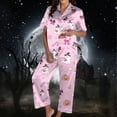 thumbnail image 2 of MEZZALL Women Halloween Pajama Set Ghost Bow Pattern Button Front Short Sleeve Top With Chest Pocket Elastic Waist Full Length Pants Soft Sleepwear Set Stylish 2 Piece Pjs, 2 of 5