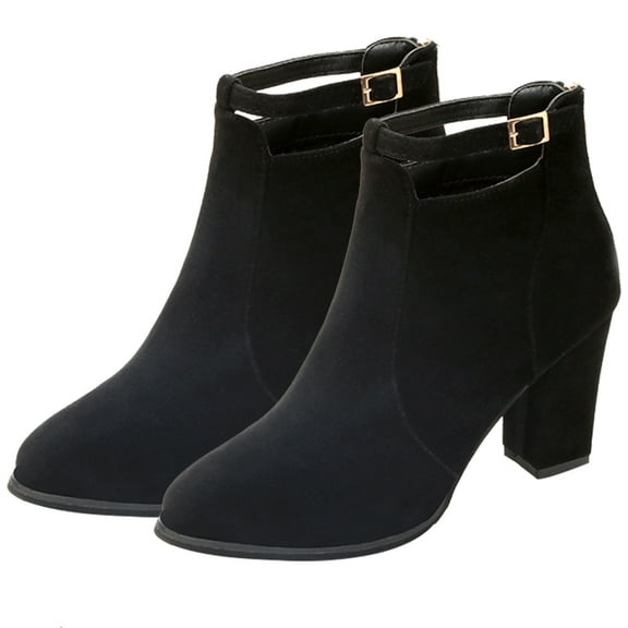 KALLORY 1 Pair Comfortable Booties for Women Black Short Boots with Non-slip Sole and Leather Material Autumn Winter
