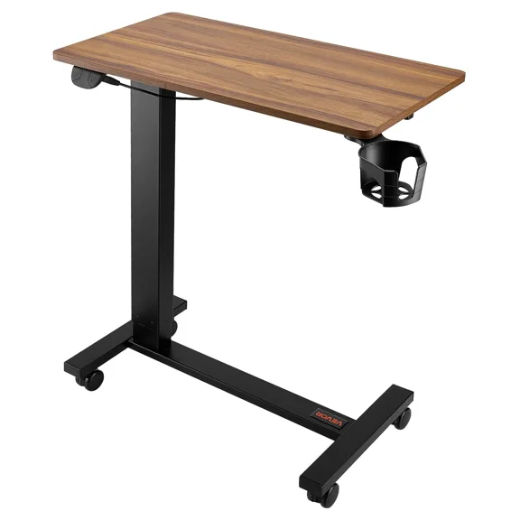 Electric Height Adjustable Overbed Table, Tilting Top Mobile Laptop Desk with Cup Holder & Wheels, Supports 55 lbs