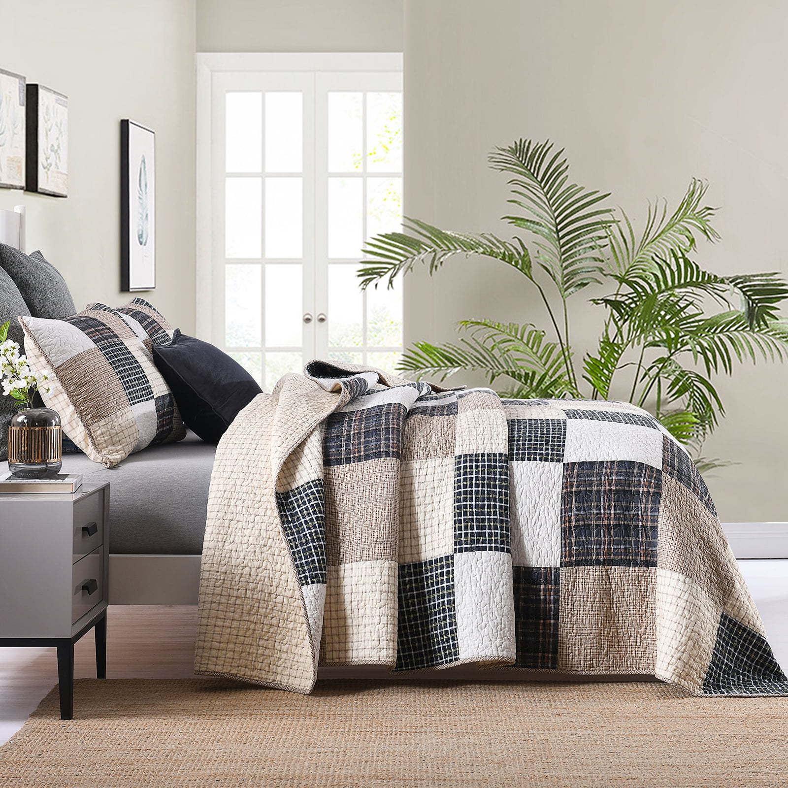 DDUOXIN Real Patchwork Plaid Cotton Quilt - 100% Cotton King Size Quilt, Lightweight Brown Black Beige Rustic Quilts Bedspread for King Bed, Neutral Reversible Coverlet/Comforter Set, 3 Piece, 98x106