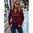thumbnail image 6 of Womens Long Sleeve Quarter Zip Pullover Sweater Casual Loose V Neck Collared Ribbed Knit Jumper Tops Wine Red L, 6 of 8