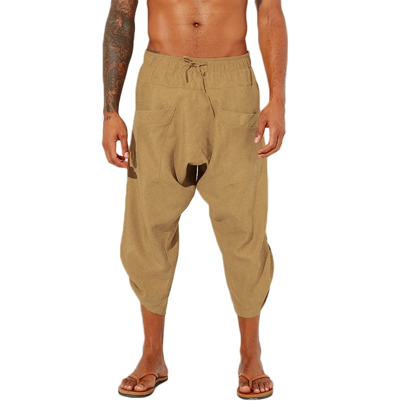 Men's Cotton Linen Baggy Work Trousers Plain Casual Straight Loose Sports Pants 