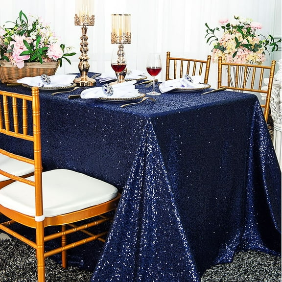Wedding Linens Inc. 90" x 132" Retangular Sequin Taffeta Tablecloth - Navy Blue