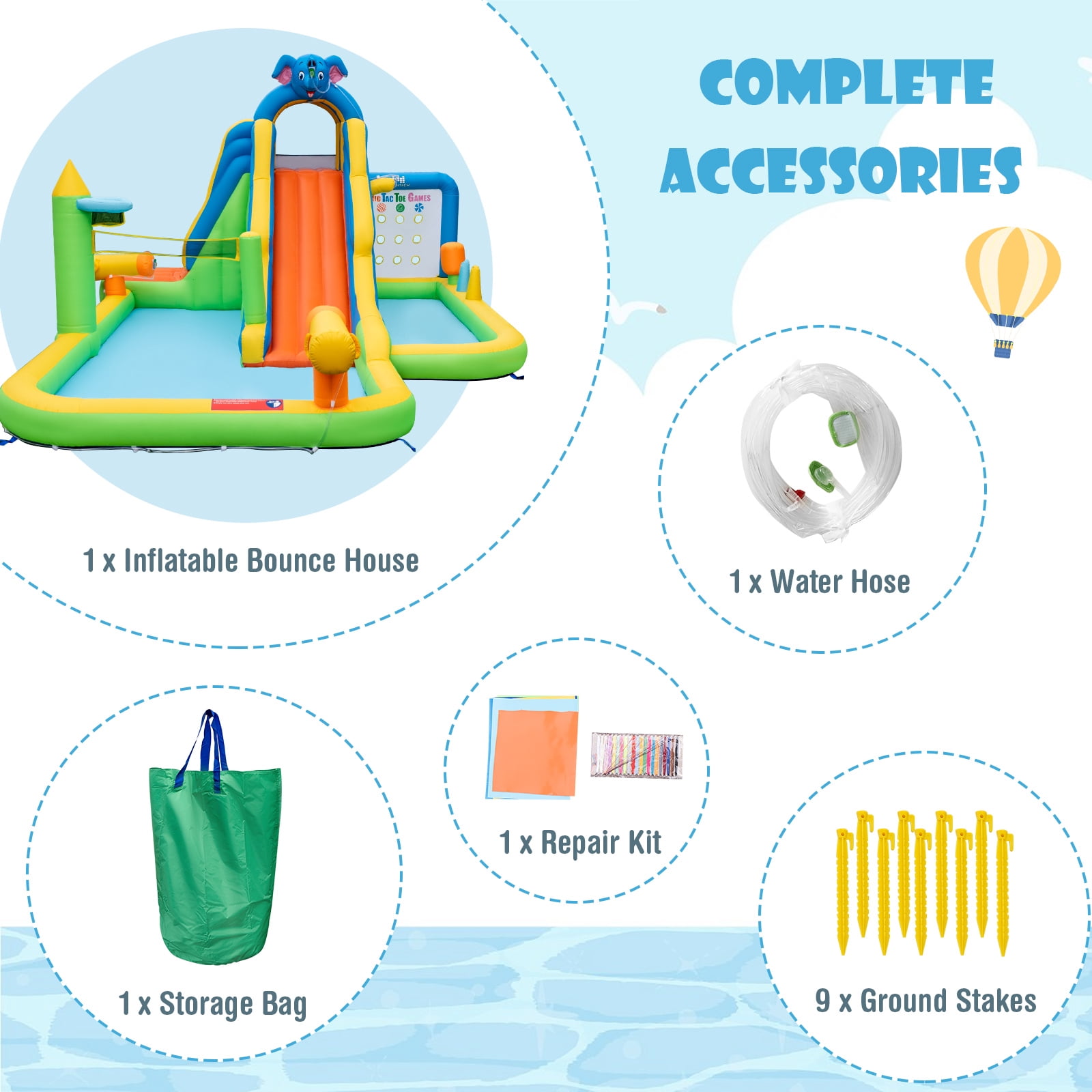 Topbuy Inflatable Water Slide 9-in-1 Blow-up Water Park for Kids with Splash Pool Climbing Wall Water Guns Basketball Toss