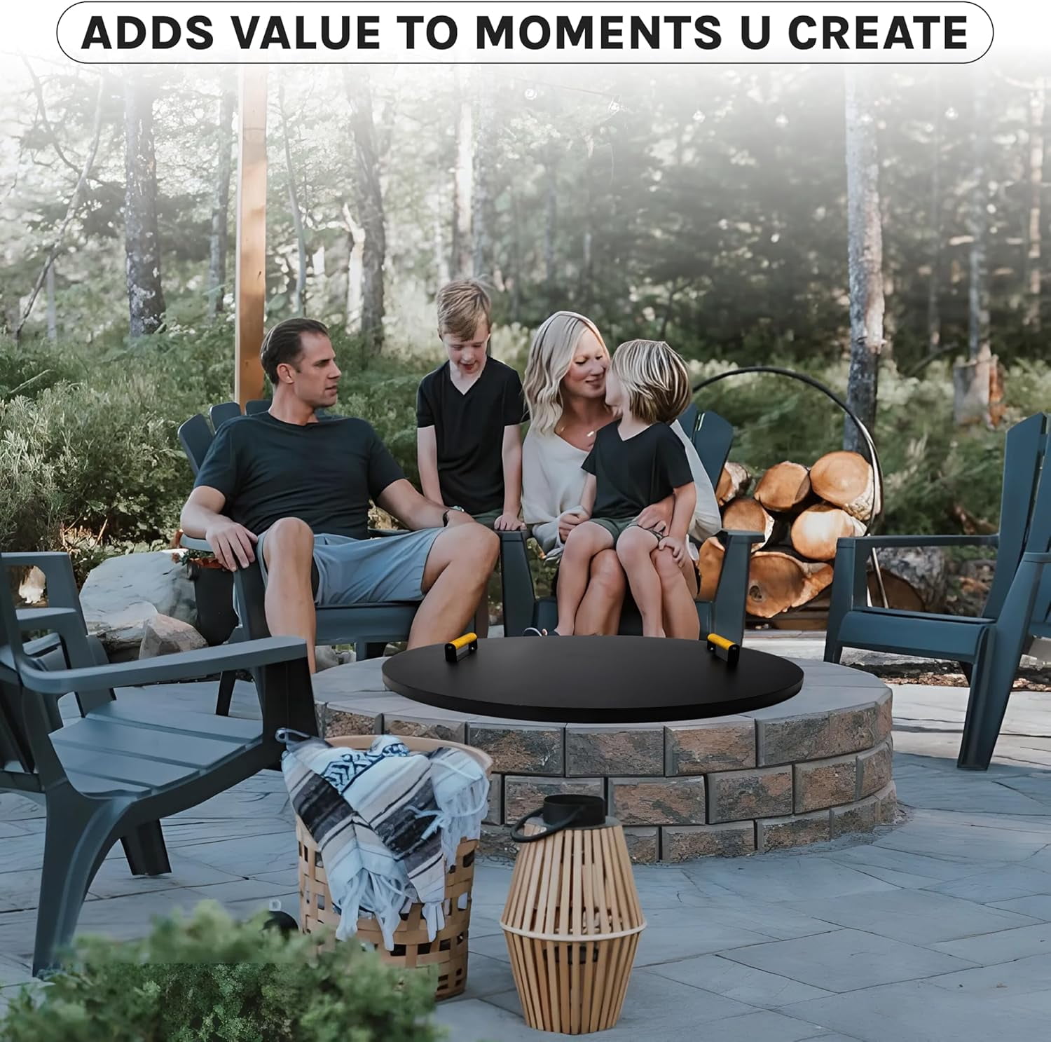 28” Round Fire Pit Lid – Heat Resistant fire pit cover round metal for Outdoor Fireplace -16 Gauge Steel Flat Fire Pit Burner Pan Cover with 2 Wooden Handles Snuffer Lid for Patio FirePit Ring