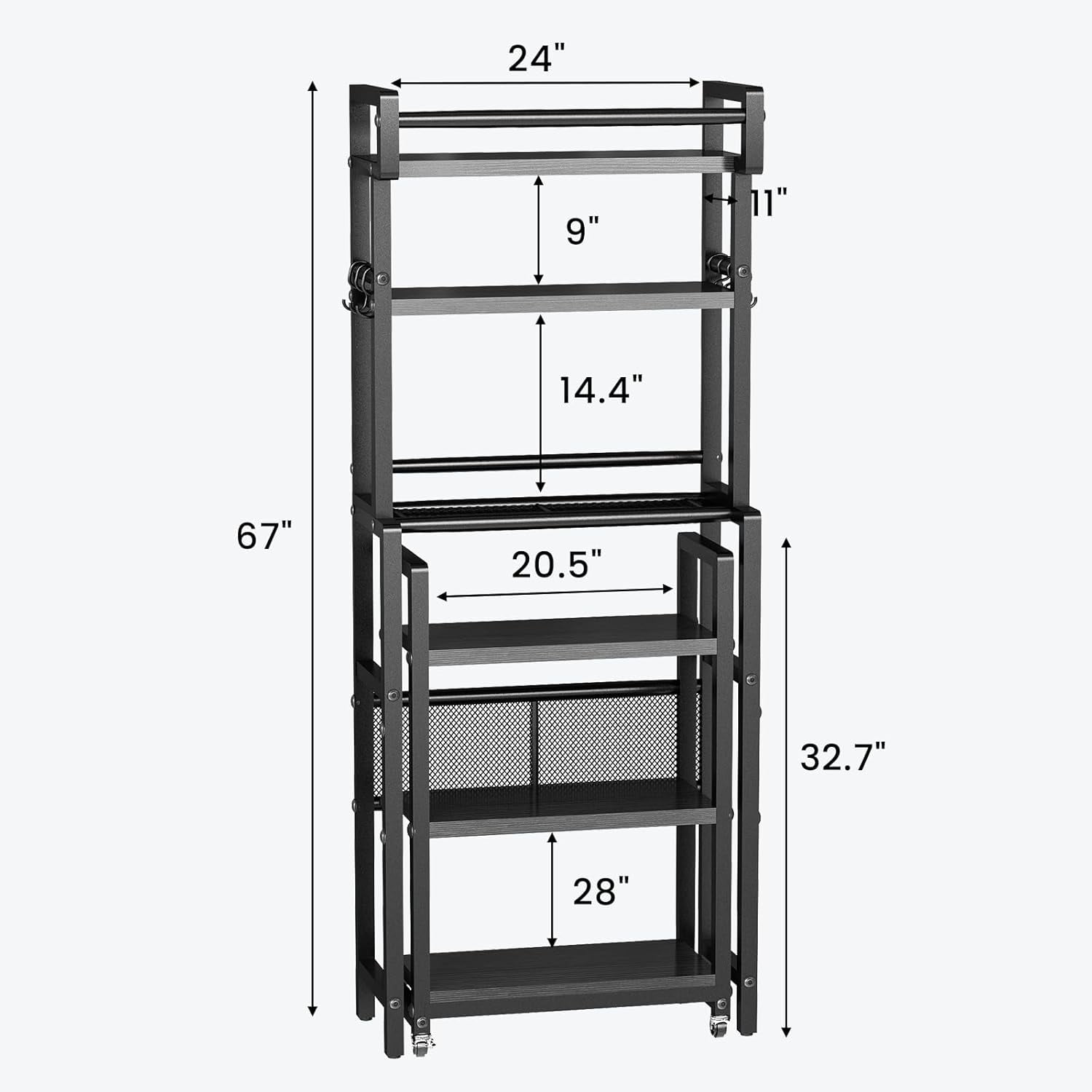 LinkRomat 6-Tier Farmhouse Bathroom Shelf, Over Toilet Organizer with Rolling Cart & 6 Hooks, Space Saving Storage Rack for Bathroom, Black