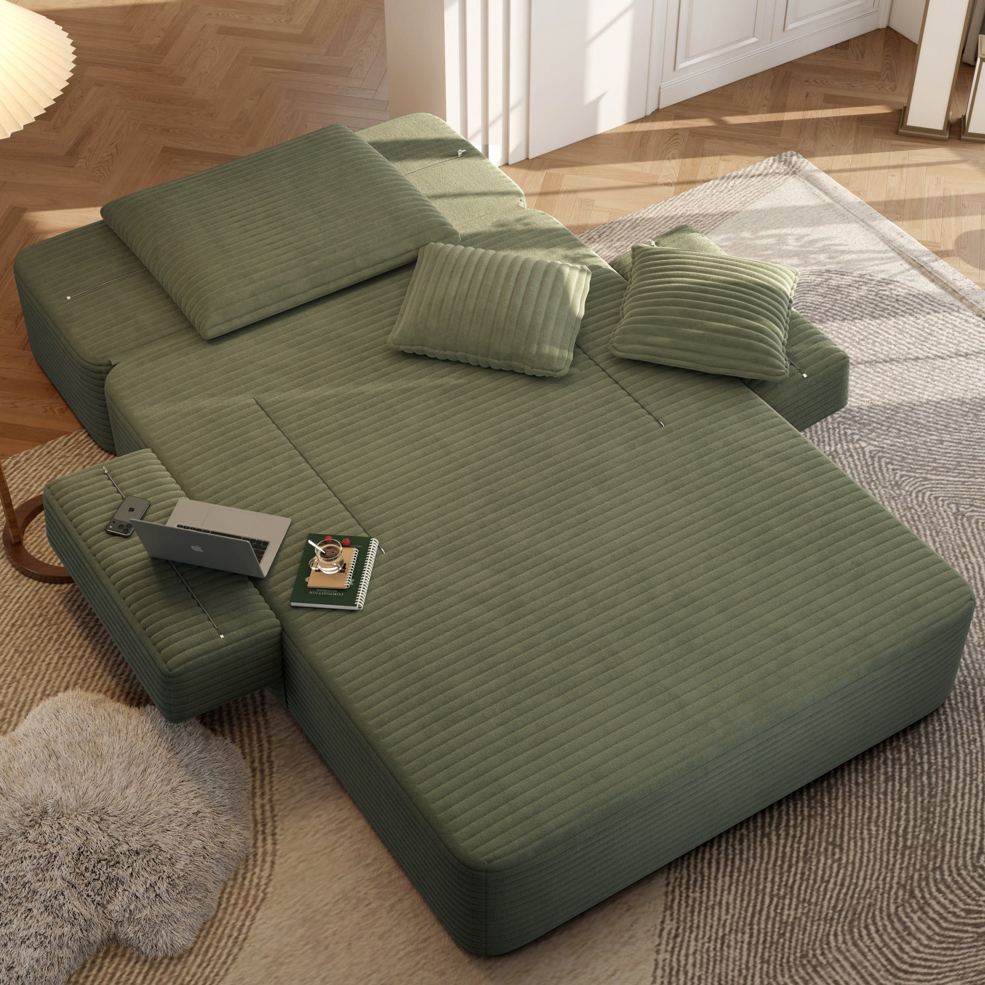 Aukfa Chaise Lounge Chair Indoor, Oversized Corduroy Boneless Sleeper Sofa Bed with Storage Pockets, Adjustable Backrest&3 Pillows, Reading Couch for Living Room Apartment, Green