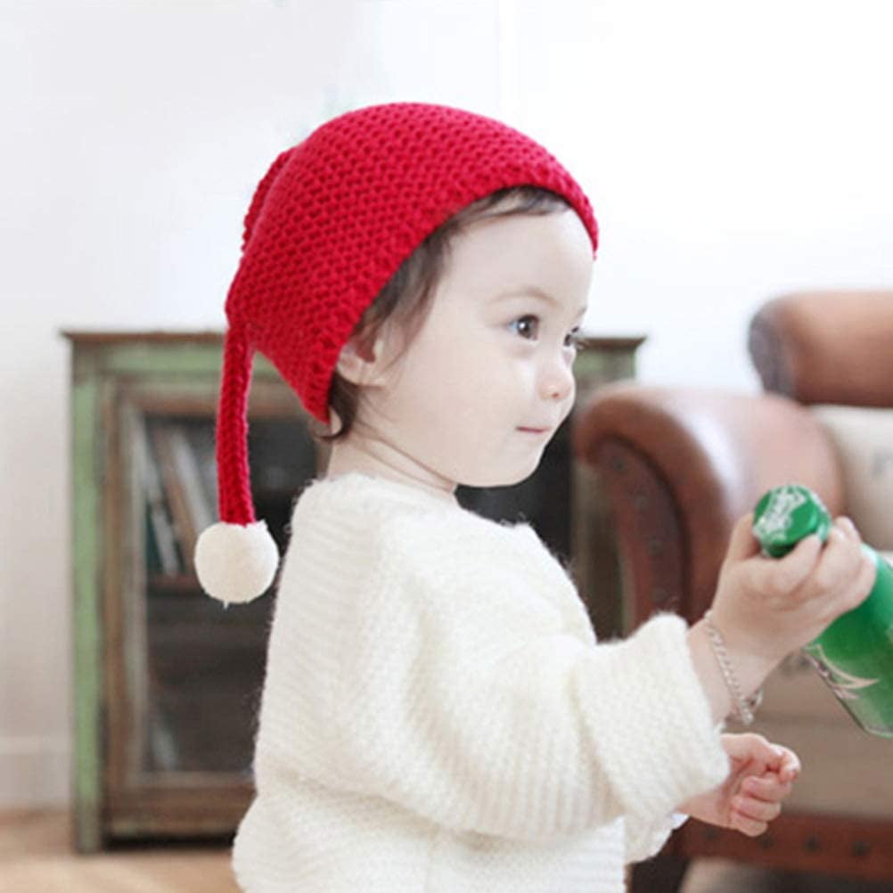 Chapeau de Noel Crochet Bebe Fille Bonnet Santa Tricot Chaud Chapeau Slouchy avec Pompon Moelleux pour les Enfants Enfants Rouge