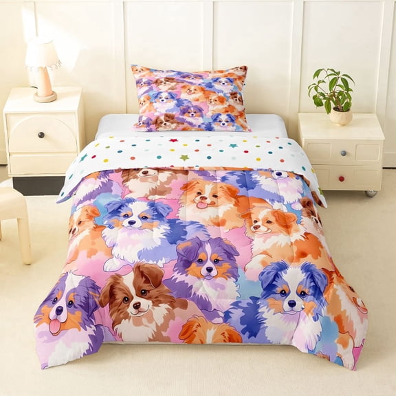 Homewish Watercolor Pet Dog Twin Comforter Sets,Kawaii Animal Bedding Set,Pink Purple,Polkadot Reversible,2pcs,1 Comforter and 1 Pillowcase