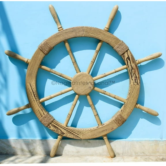 Wooden Ship Wheel (Torched - Pine Wood) With Rope - (Antique Brown Finish) - 48 Inches
