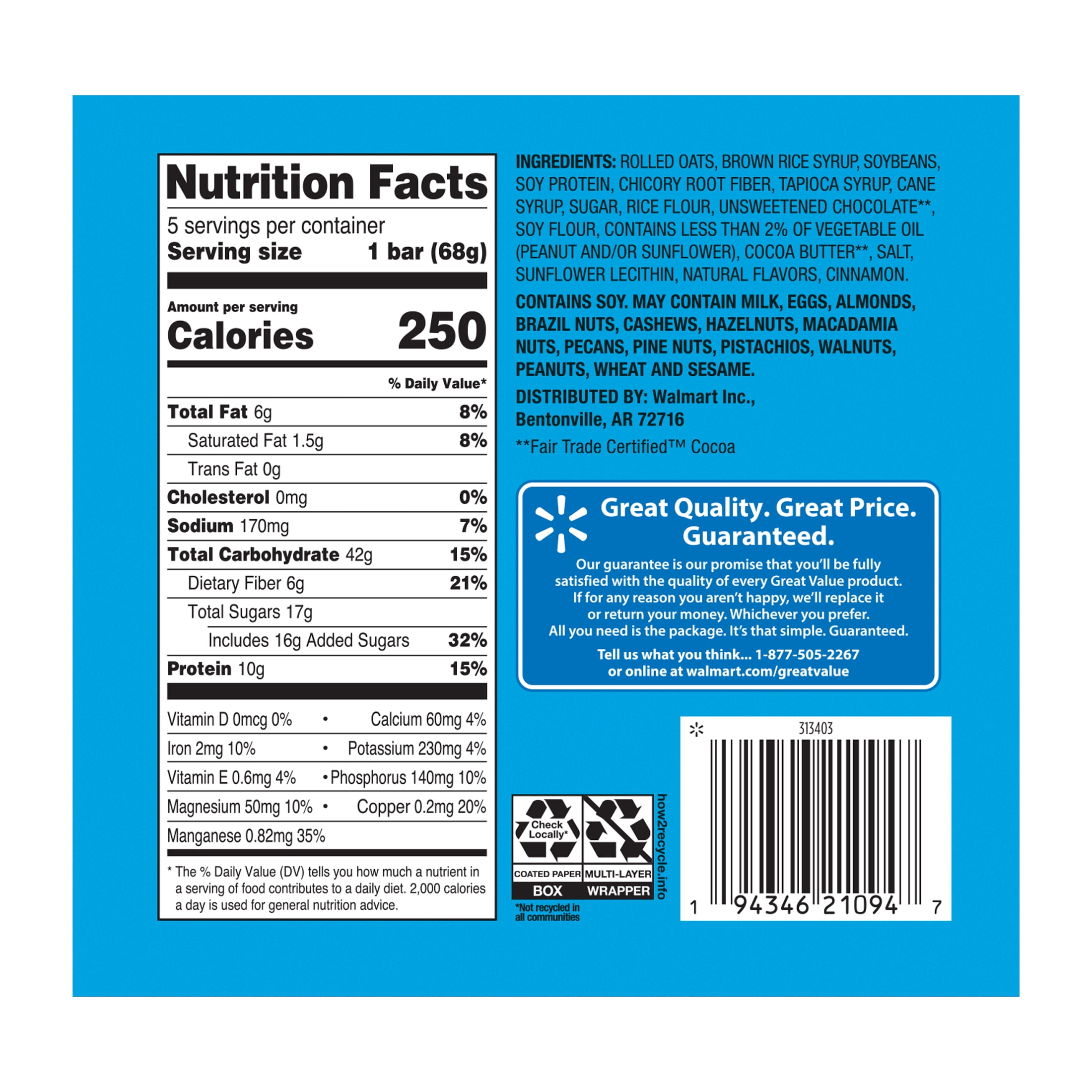 Great Value Energy Bar, Chocolate Chip, 2.4 oz, 5 Count