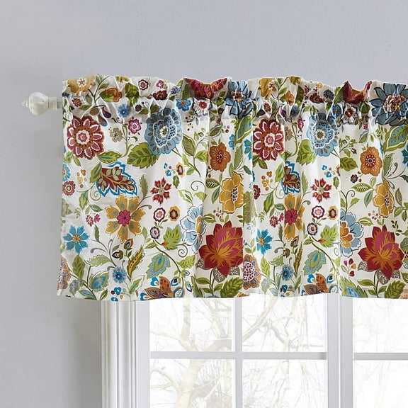 Global Trends Amanda Contemporary Floral Print Window Rod Pocket Lined Valance, White, 84 W x 19 L inches