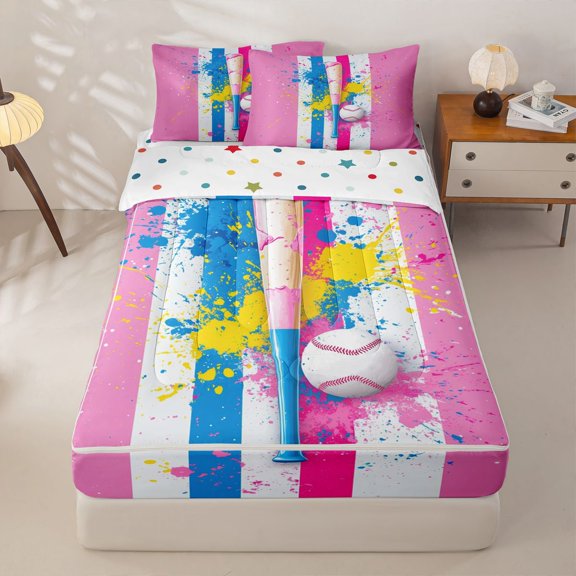 Homewish Pink Stripe Baseball Zipper Twin Comforter Sets with Fitted Sheet and 2 Pillowcases, Cute Sport Zipper Bedding Set for Girls, Polka Dots Reversible, 4 Pieces