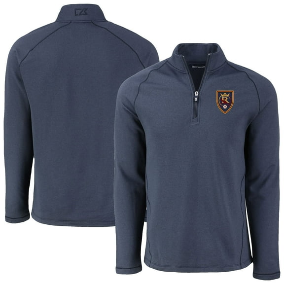 Men's-Cutter & Buck  Heather Navy Real Salt Lake Peshastin Eco Fleece Recycled Raglan Half-Zip Top