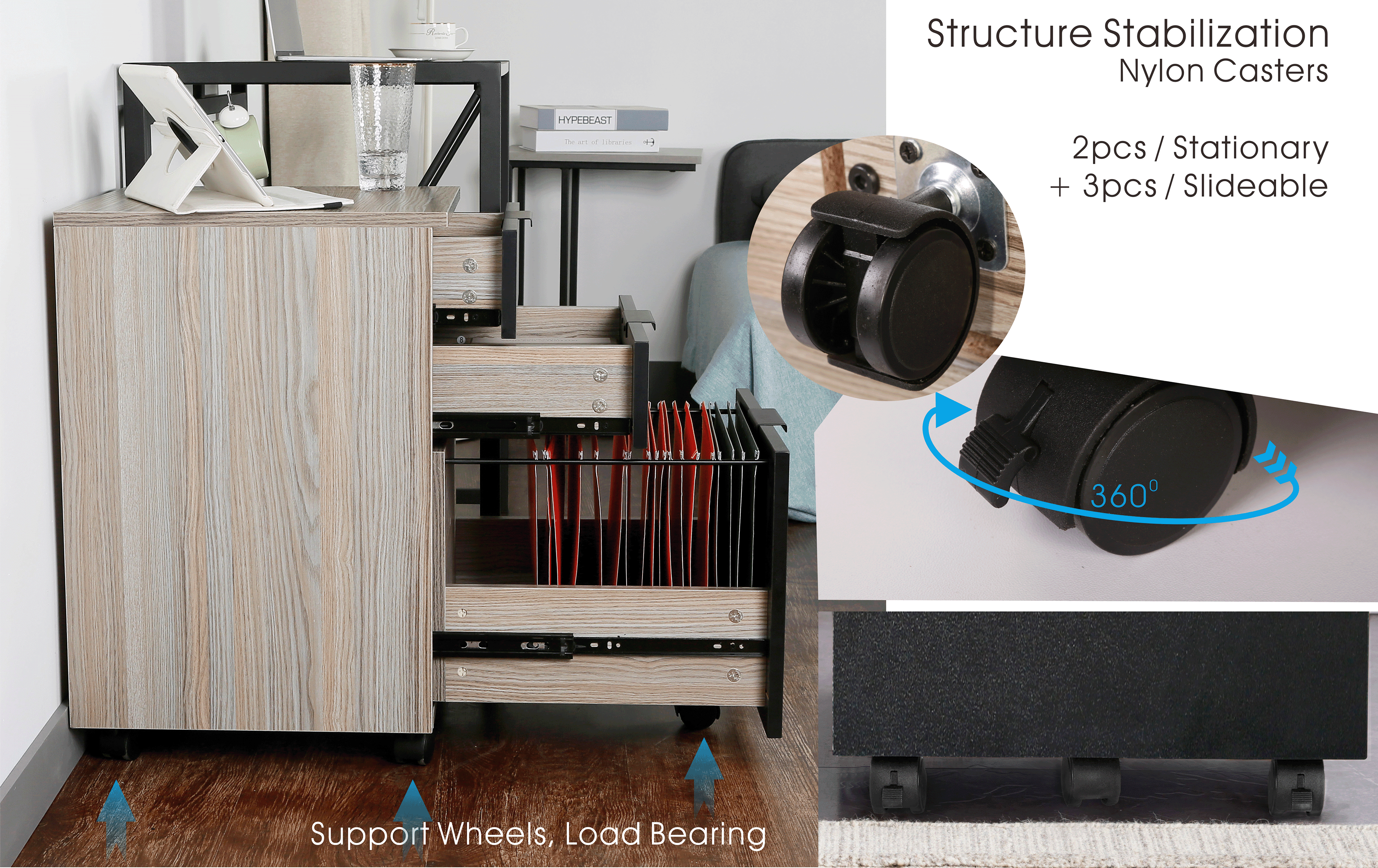 JJS 3 Drawer Rolling Wood File Cabinet with Locking Wheels for A4 or Letter Size Black Drawer