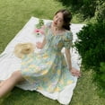 thumbnail image 4 of Summer Ladies Korean Wild Temperament High Waist Square Neck Floral Dress, 4 of 9