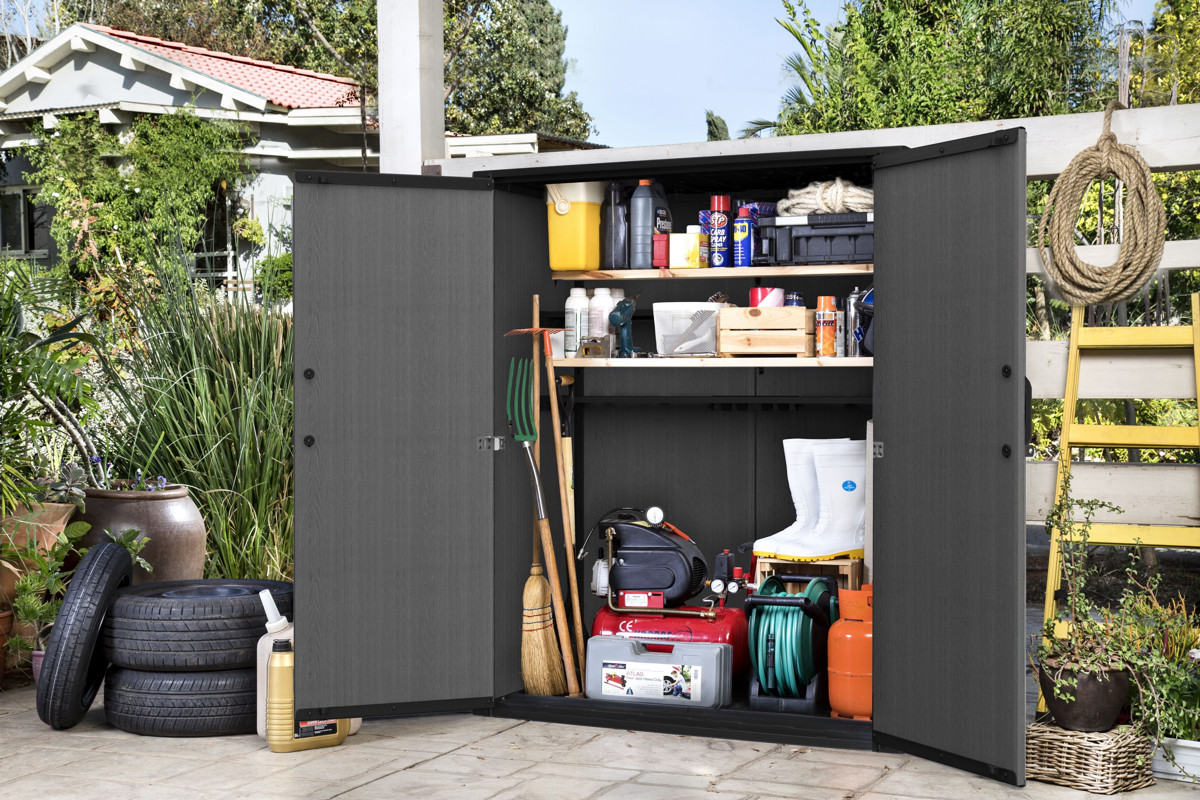 Keter Vertical 4x2 ft. Outdoor Storage Shed, Weatherproof Lockable Double Doors, Ashwood