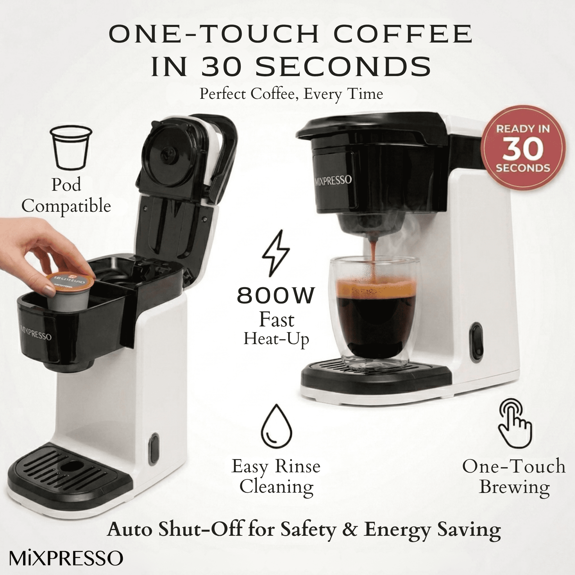 Mixpresso Single Cup Coffee Brewer - Quick Brew, One Touch Function, 12oz One Cup Coffee Maker